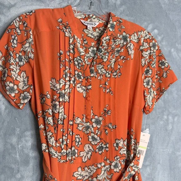 New Nanette Lepore Dress Womens 4 Orange Floral Crepe V Neck Pleated Slip - Picture 6 of 9